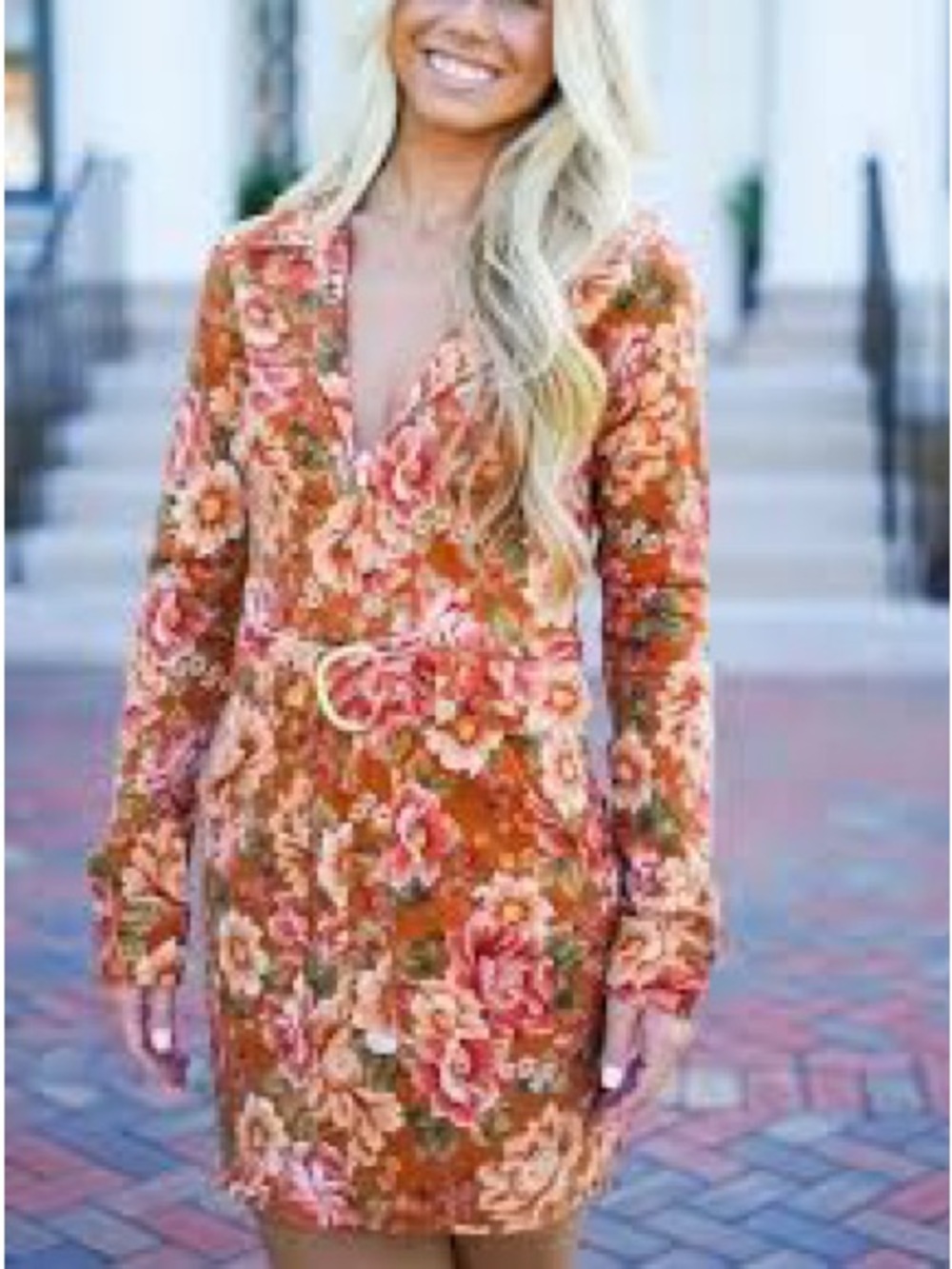 Floral Wrap Belted Long-Sleeve Dress - Rust Pink